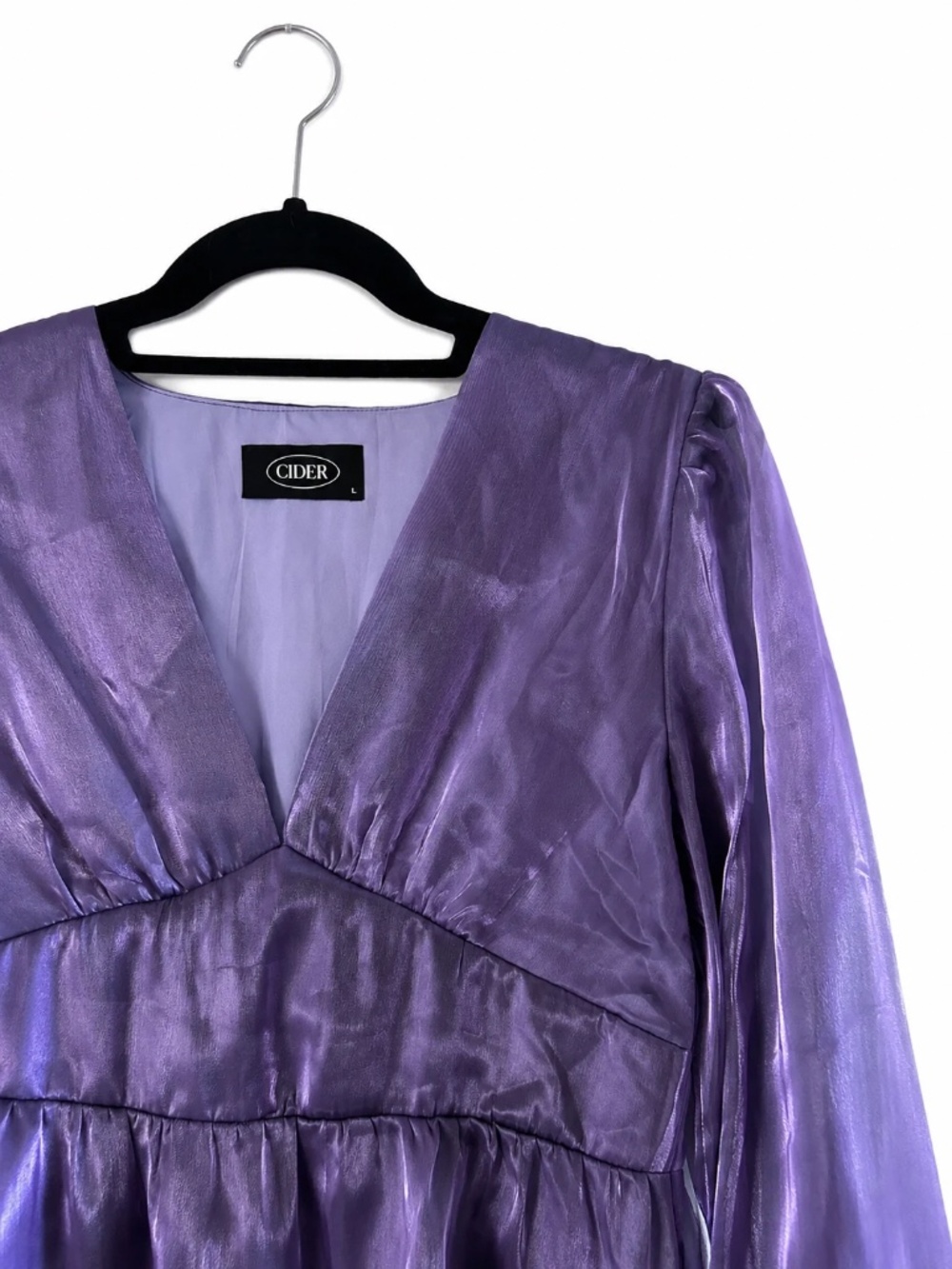 Cider Purple Organza Babydoll Mini Dress | Sheer Long Sleeve Tiered A-Line Dress - Picture 4 of 4